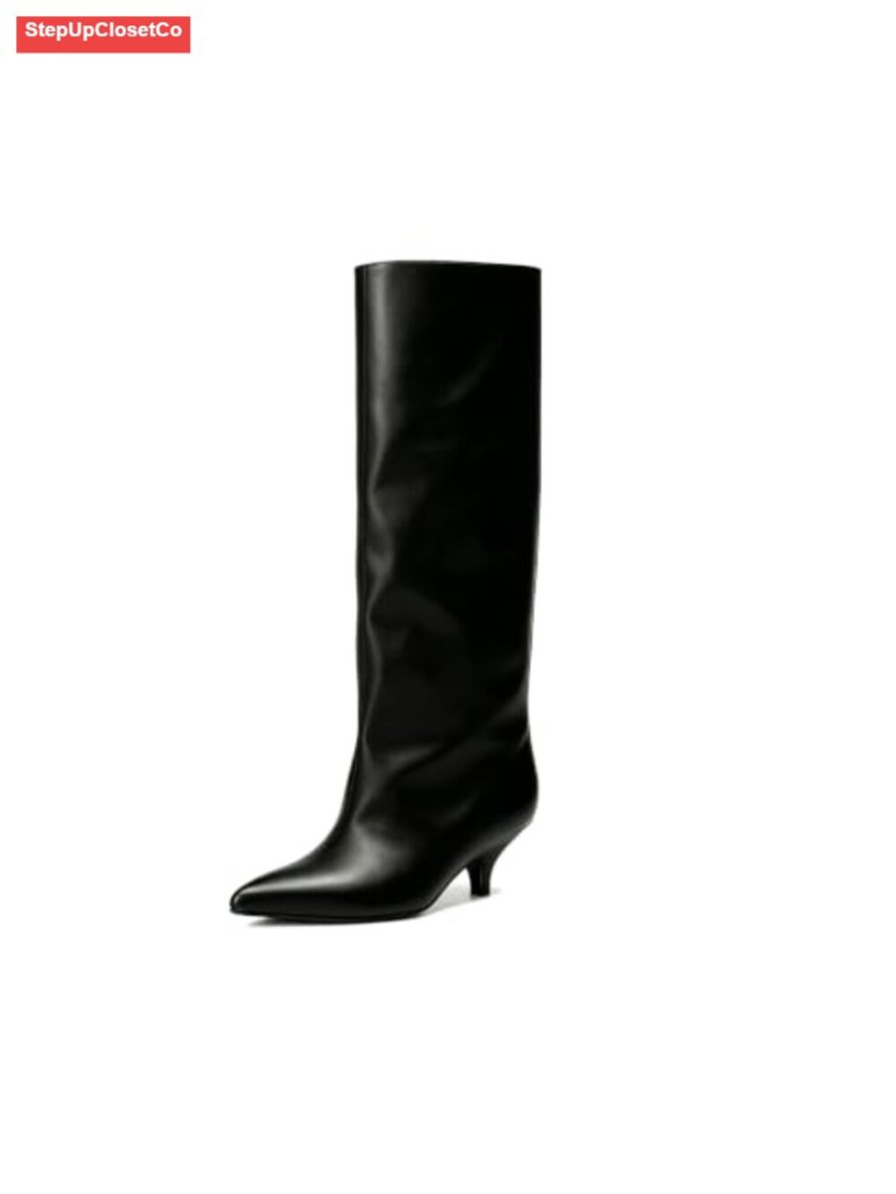 Women's Wide Calf Knee High Boots Faux Leather Pointed Toe Kitten Heel Pull-On